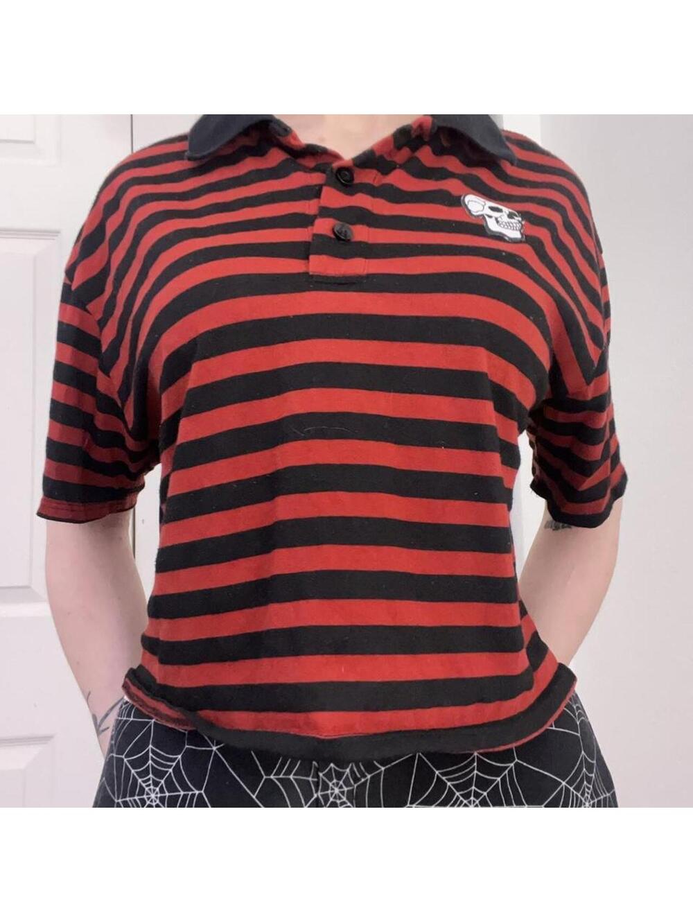 red & black striped top with skull